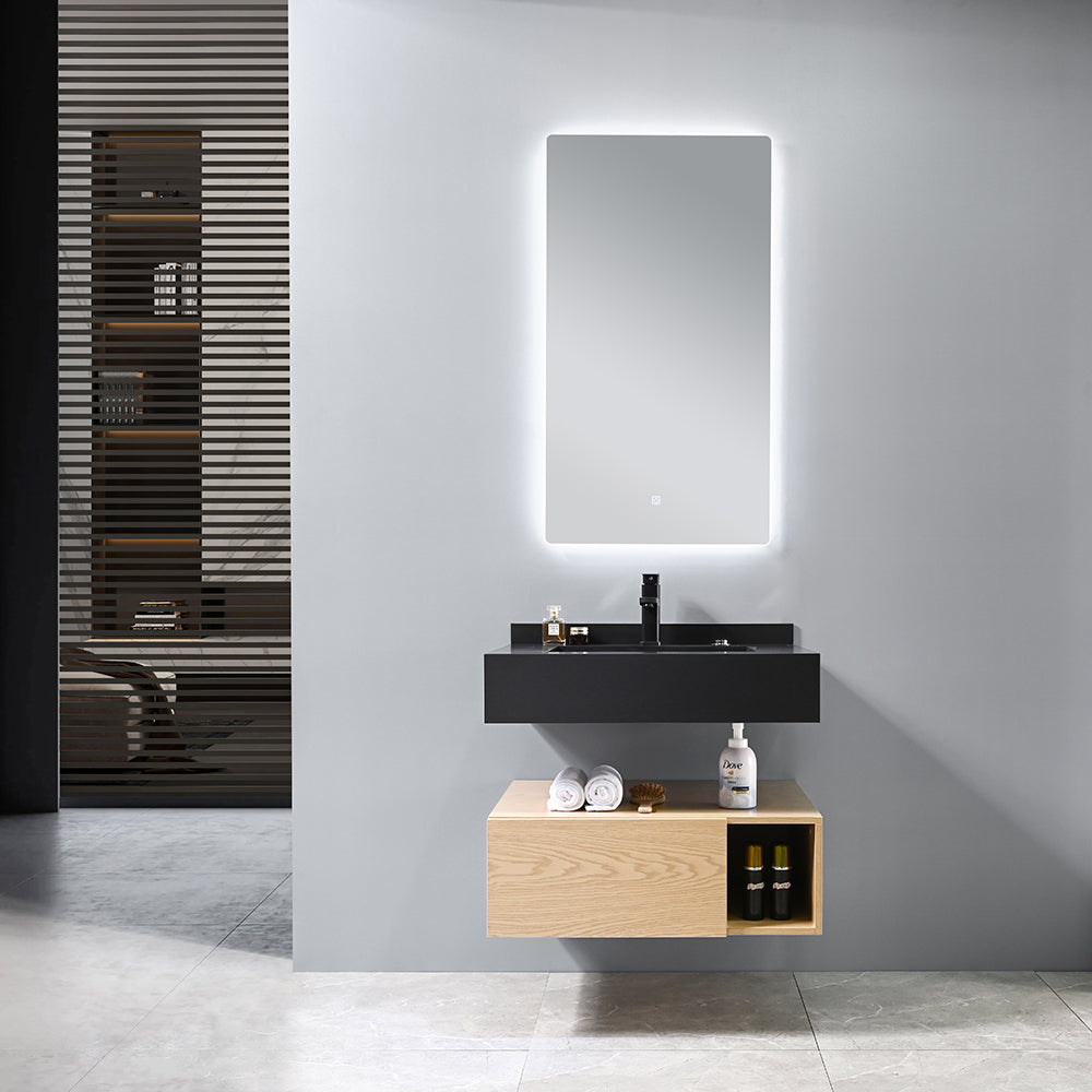 Meuble salle de bain suspendu 70 cm vasque noir et miroir LED - Bellegno