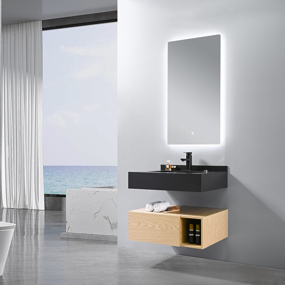 Meuble salle de bain suspendu 70 cm vasque noir et miroir LED - Bellegno