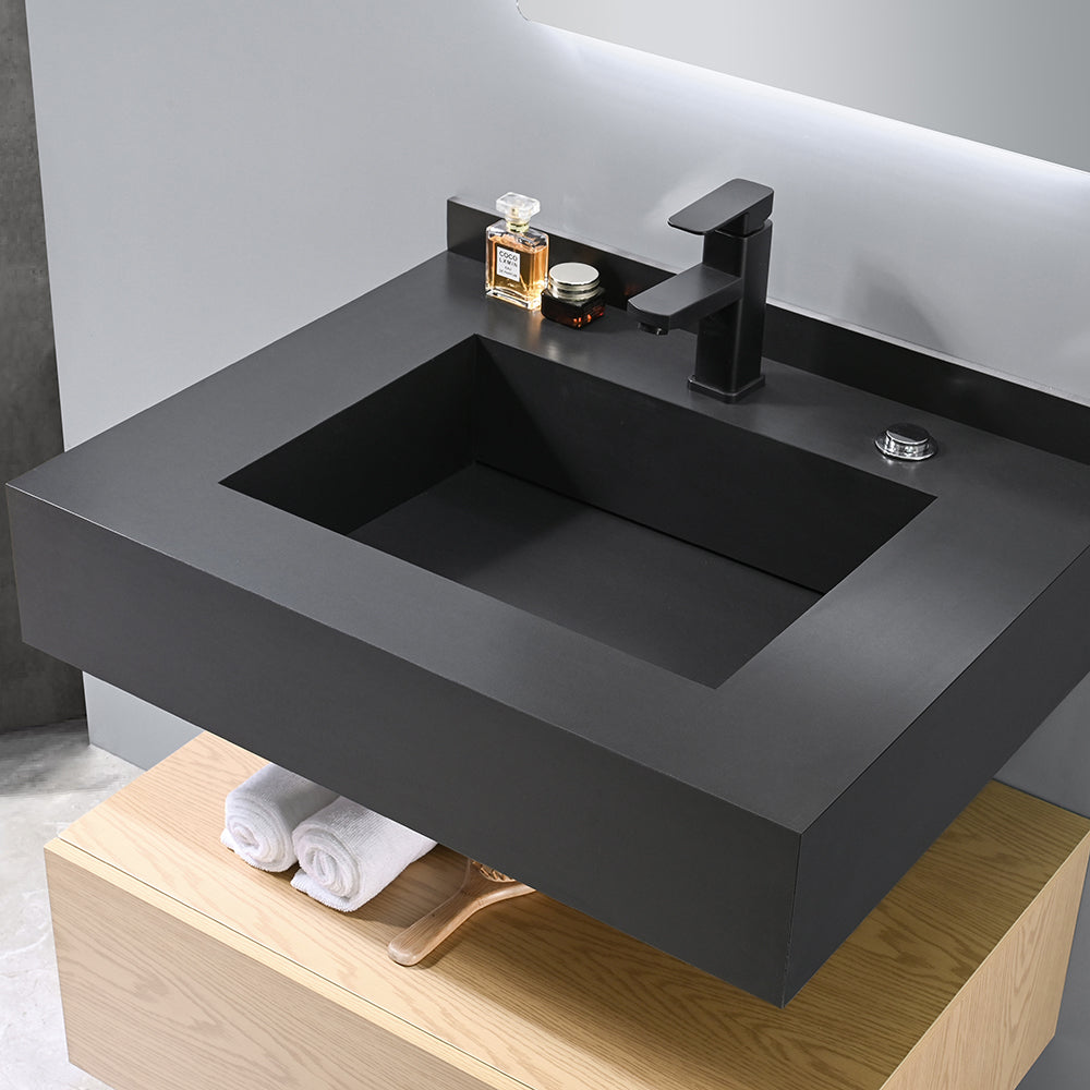 Vasque salle de bain en pierre frittée 70 cm noir - Bellegno