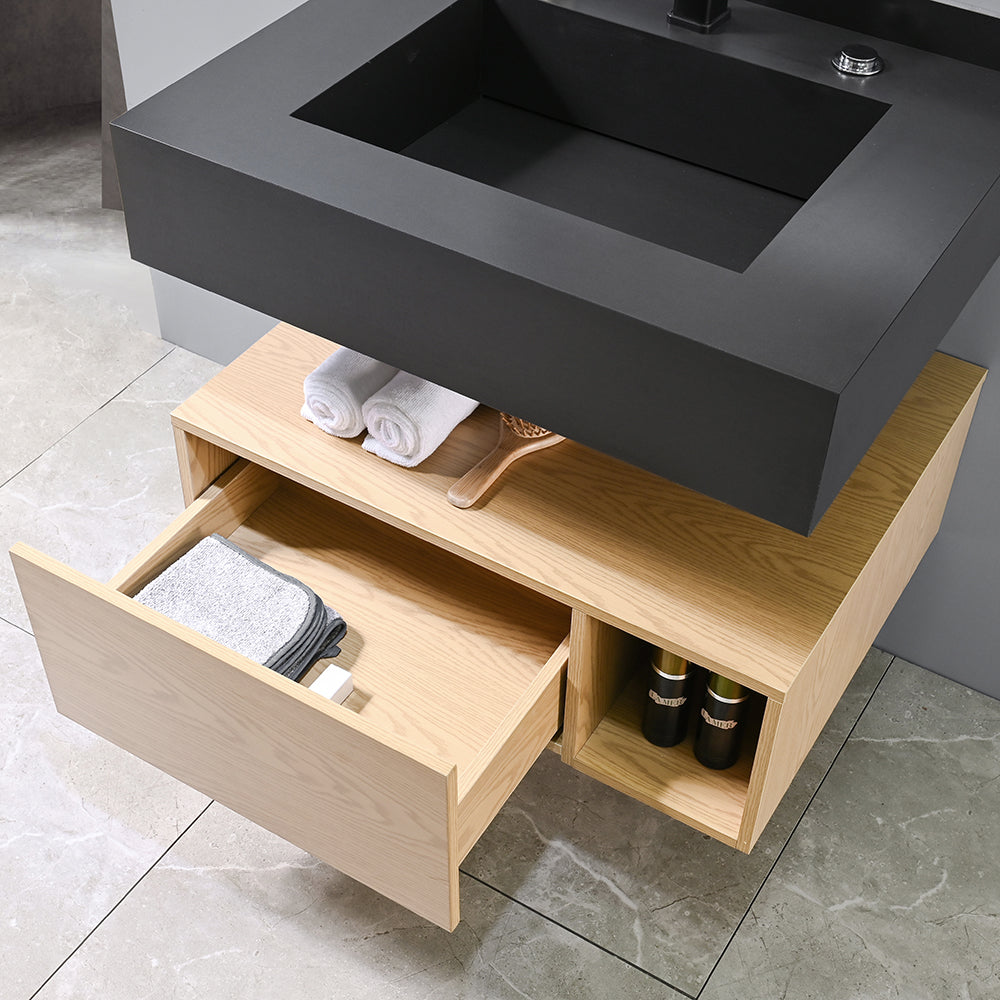 Meuble salle de bain suspendu 70 cm vasque noir et miroir LED - Bellegno