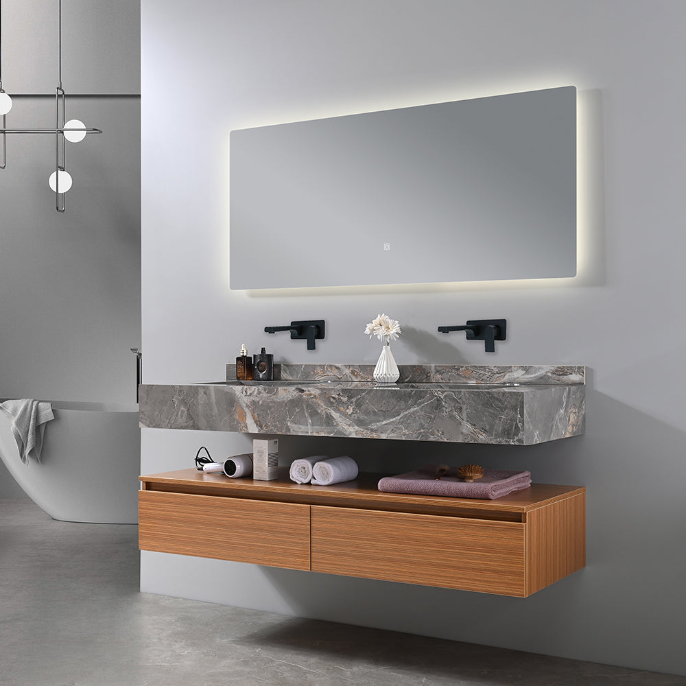 Meuble salle de bain suspendu double vasque 140 cm gris avec miroir dans salle de bain design - Bellegno