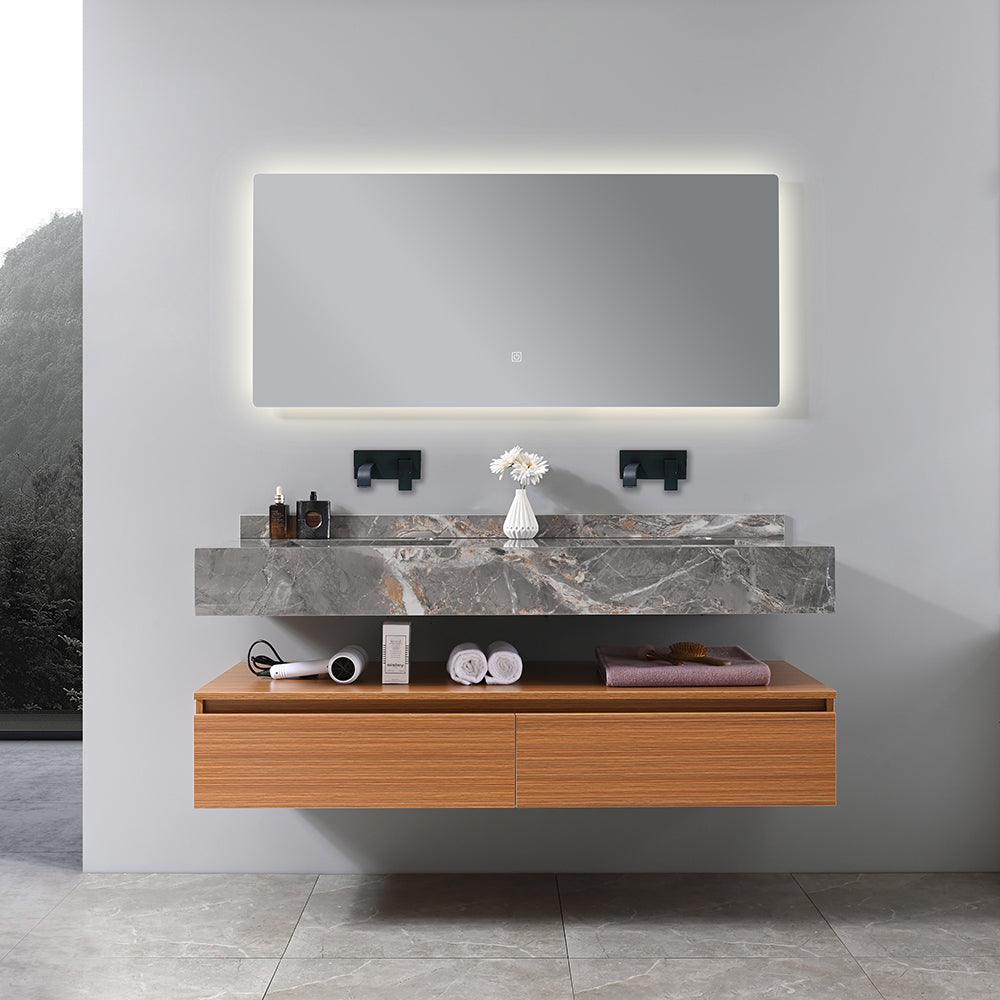 Meuble de salle de bain double vasque 140 cm gris avec miroir LED - Bellegno