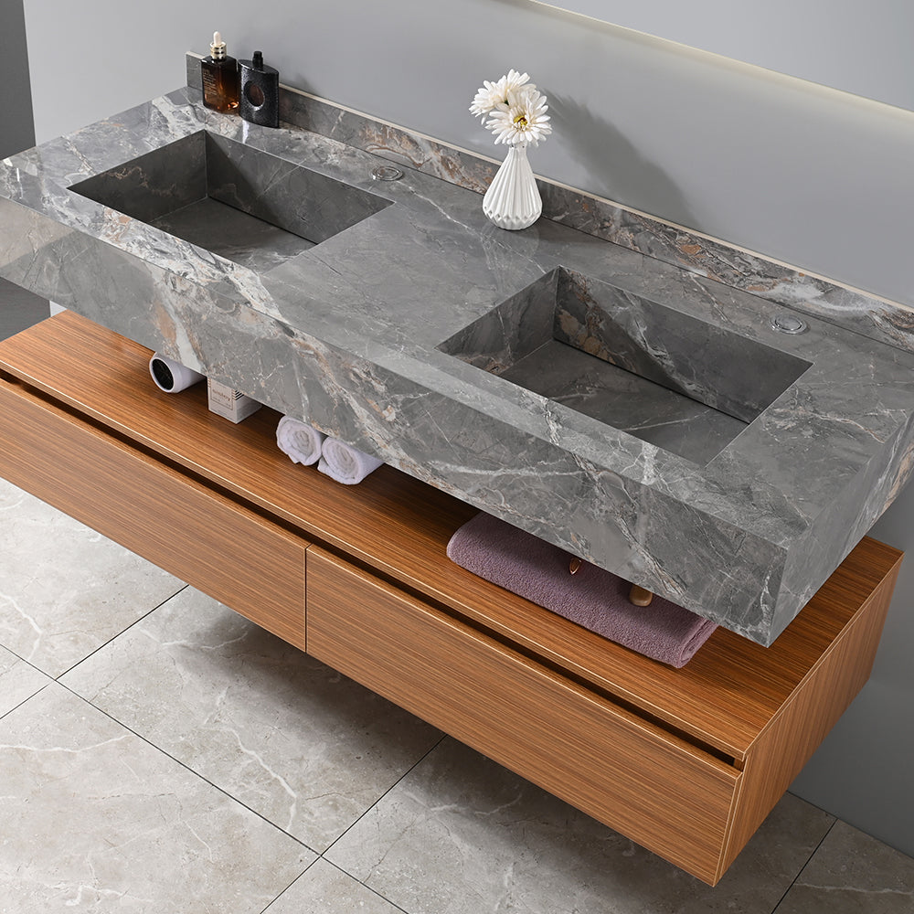 Meuble salle de bain double vasque 140 cm gris effet marbre - Bellegno