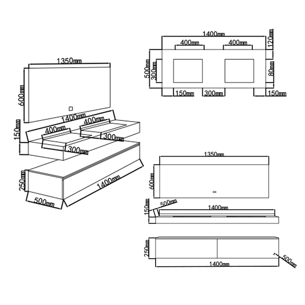 Schéma dimensions meuble salle de bain double vasque 140 cm Rosa - Bellegno