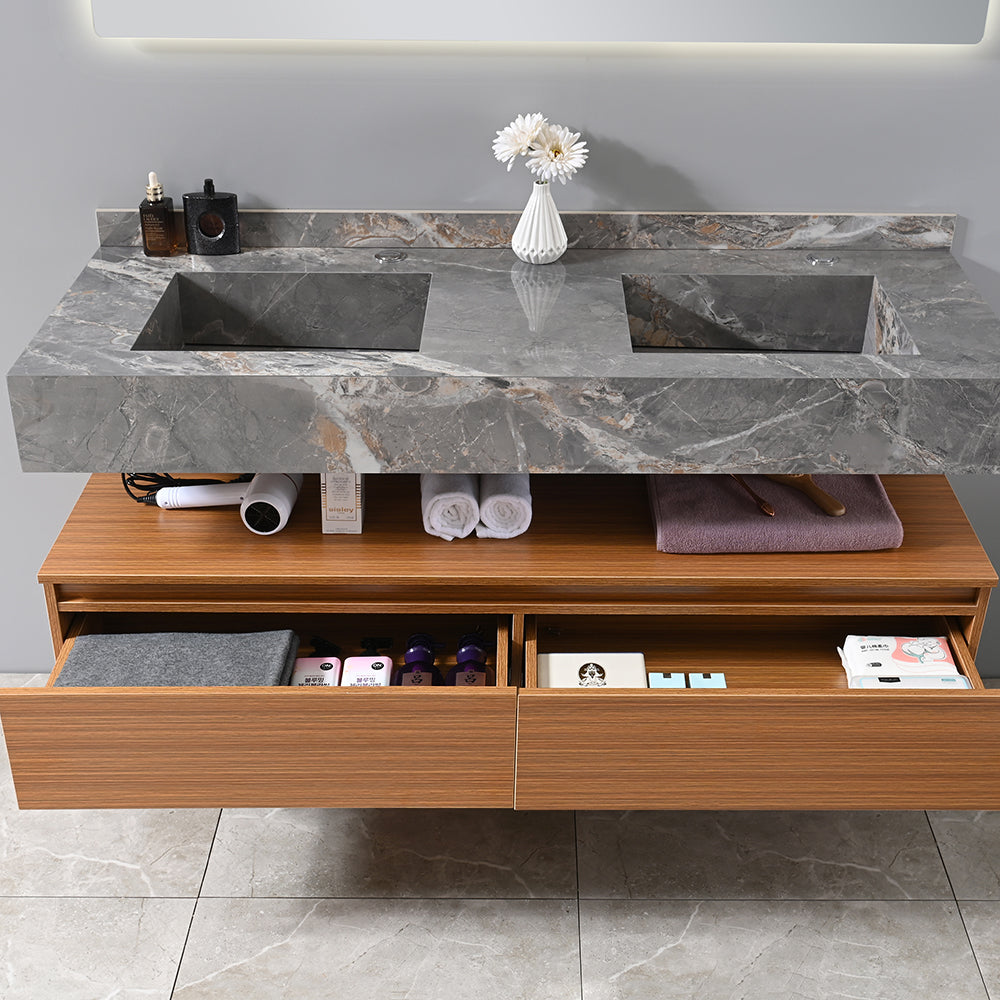 Meuble salle de bain double vasque 140 cm gris avec grands tiroirs rangement - Bellegno
