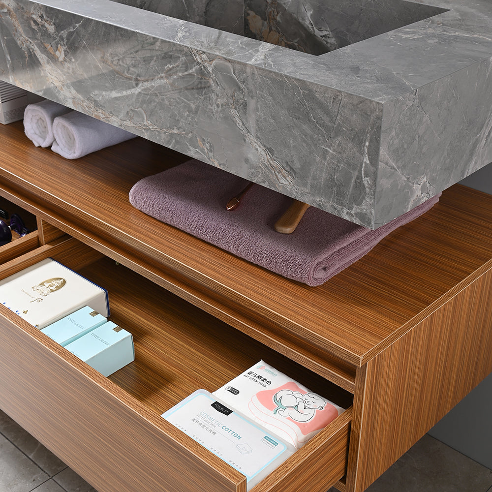 Meuble sous vasque en bois et vasque en pierre frittée gris effet marbre - Bellegno