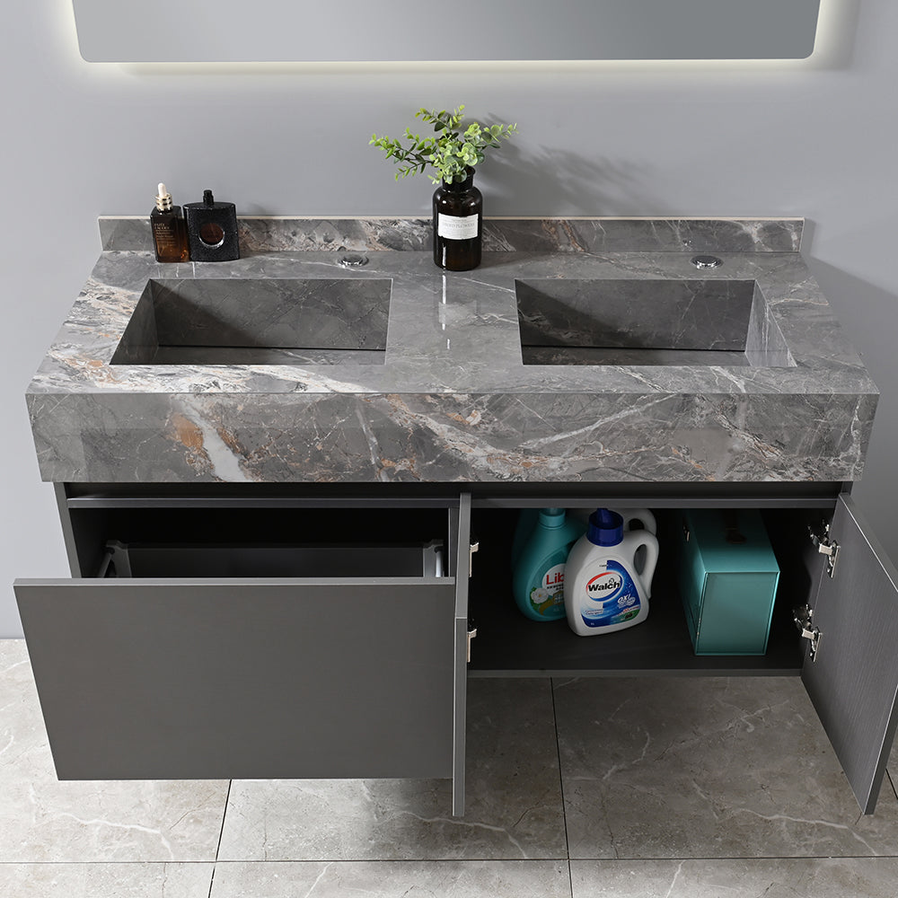 Meuble salle de bain suspendu double vasque 120 cm avec nombreux rangements - Bellegno