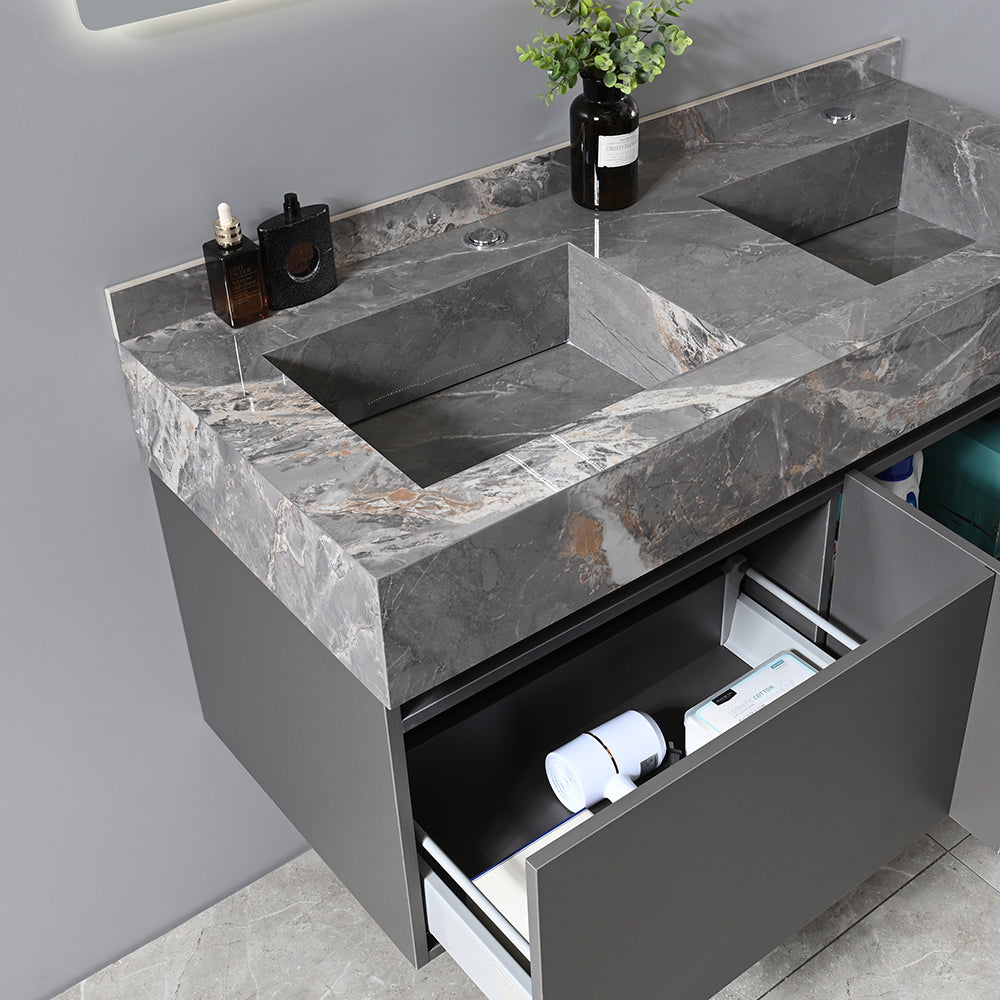 Meuble salle de bain suspendu double vasque 120 cm avec tiroir de rangement - Bellegno