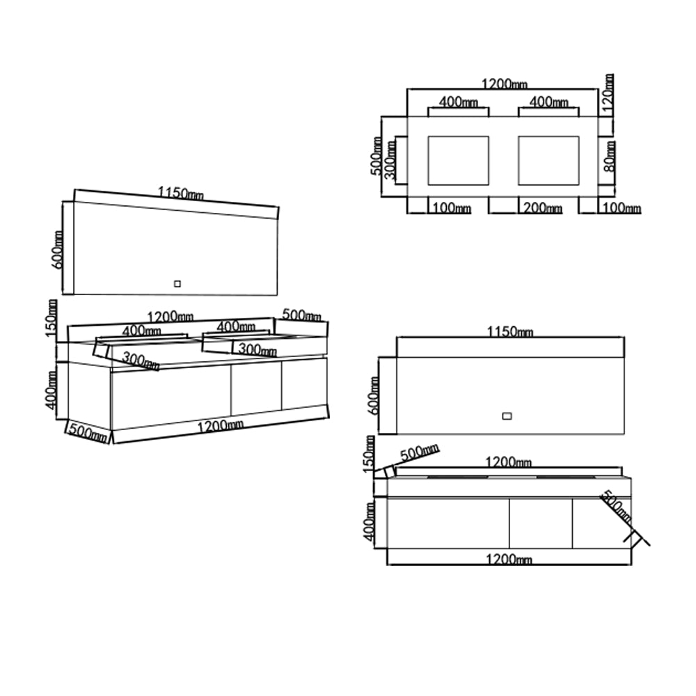 Dimensions meuble salle de bain double vasque 120 cm Victoria - Bellegno