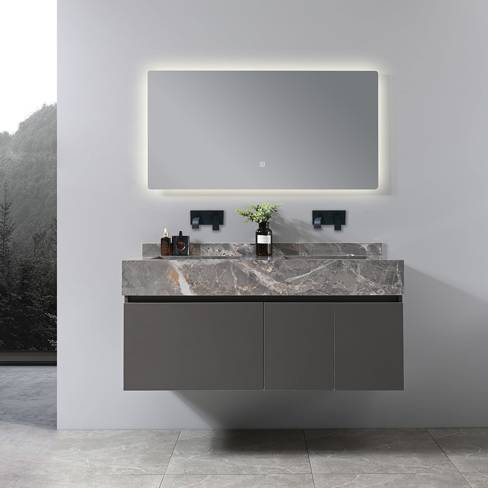 Meuble salle de bain double vasque 120 cm gris effet marbre avec miroir éclairage LED - Bellegno