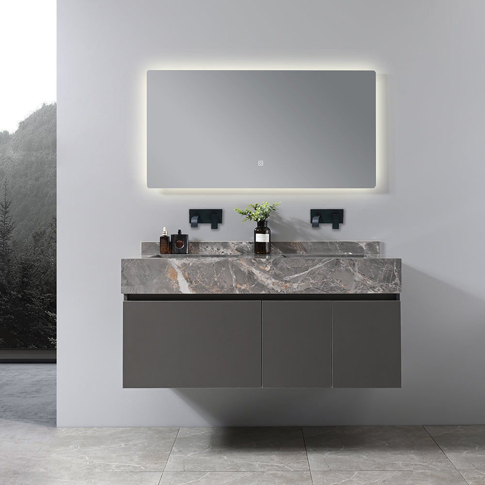 Meuble salle de bain double vasque grise VICTORIA 140 cm + miroir