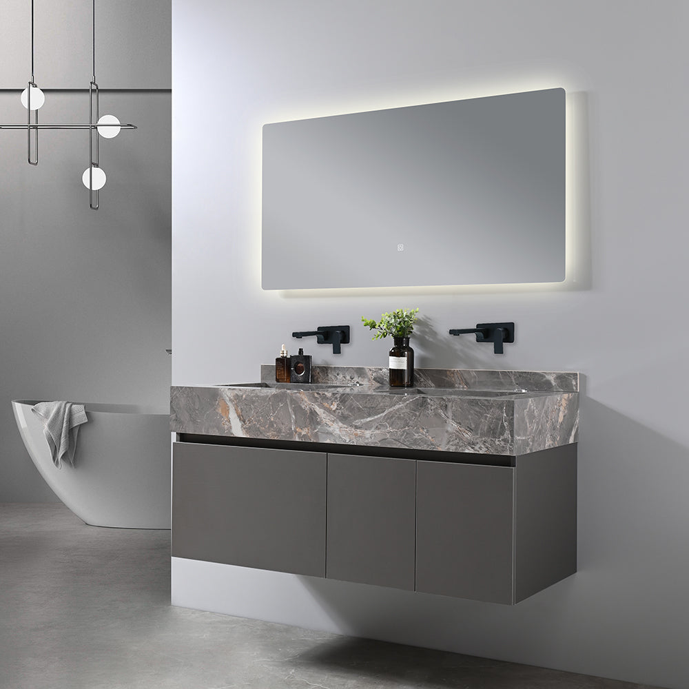 Meuble salle de bain double vasque 120 cm gris effet marbre avec miroir dans salle de bain design - Bellegno