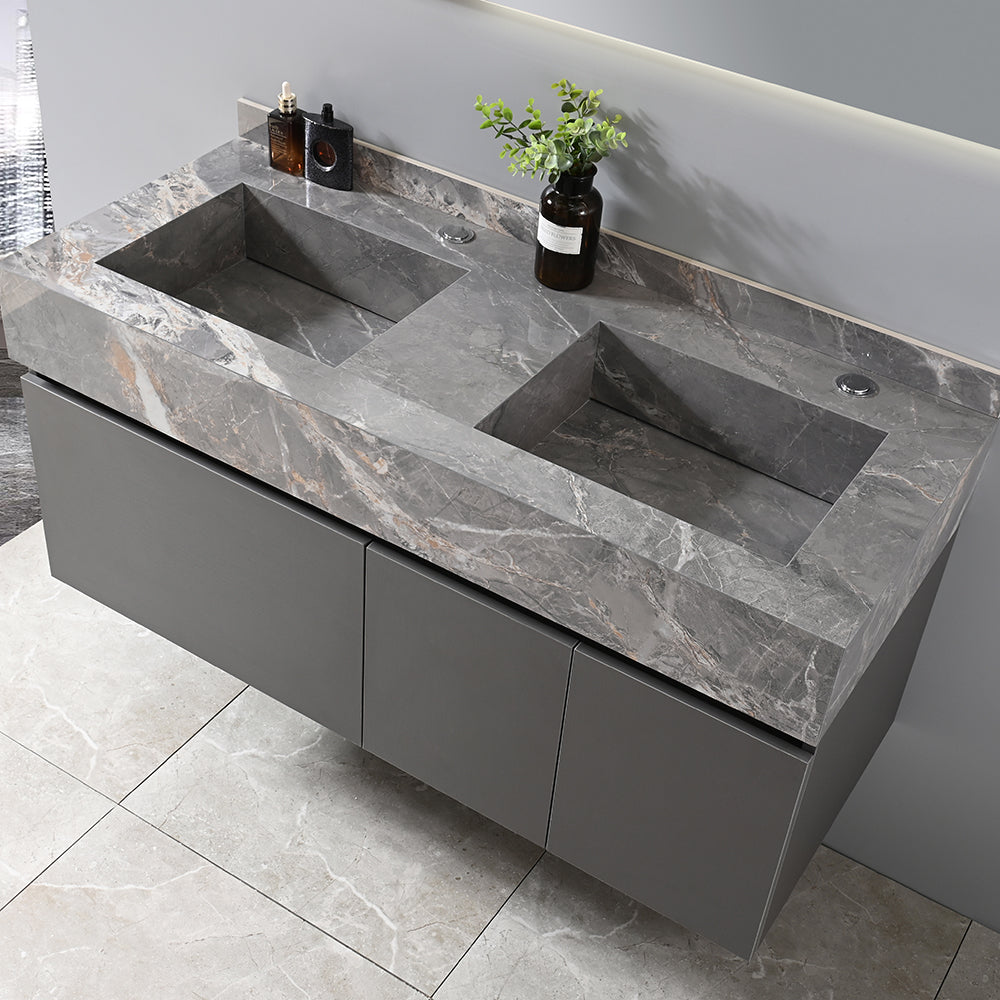 Meuble salle de bain suspendu double vasque 120 cm gris avec miroir LED - Bellegno