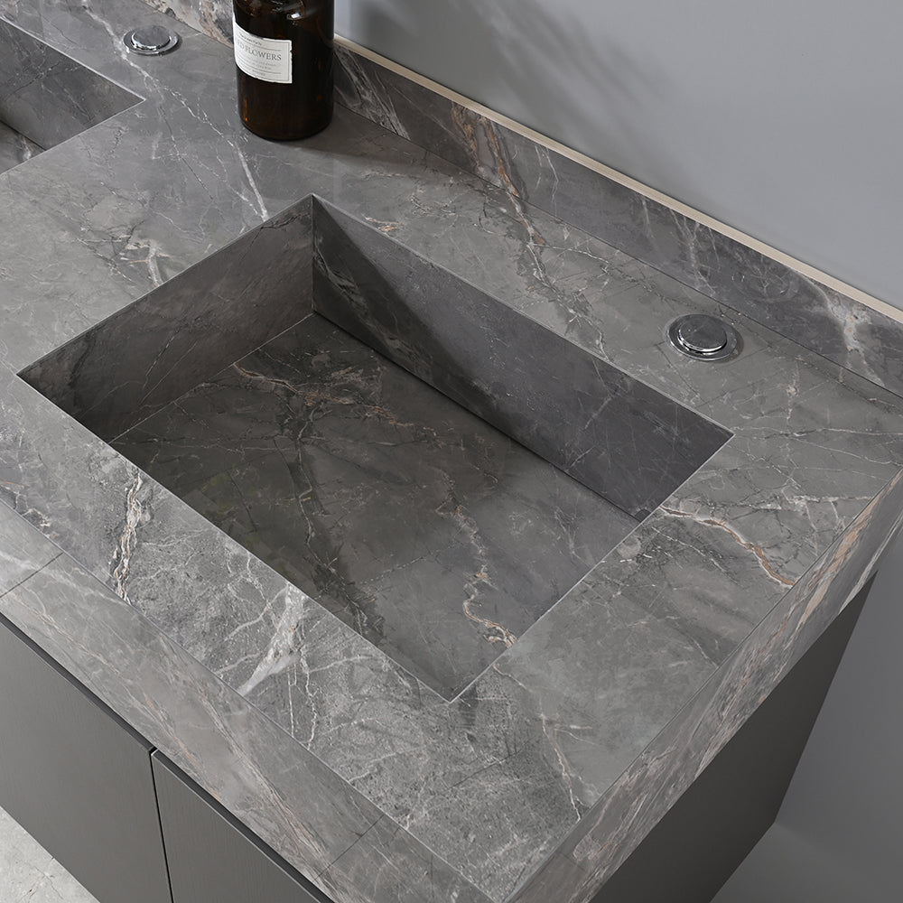Vasque salle de bain en pierre frittée gris effet marbre - Bellegno