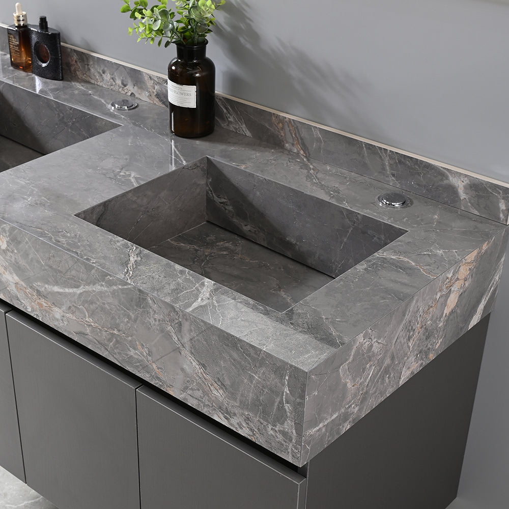 Meuble salle de bain suspendu double vasque 120 cm gris avec miroir LED - Bellegno