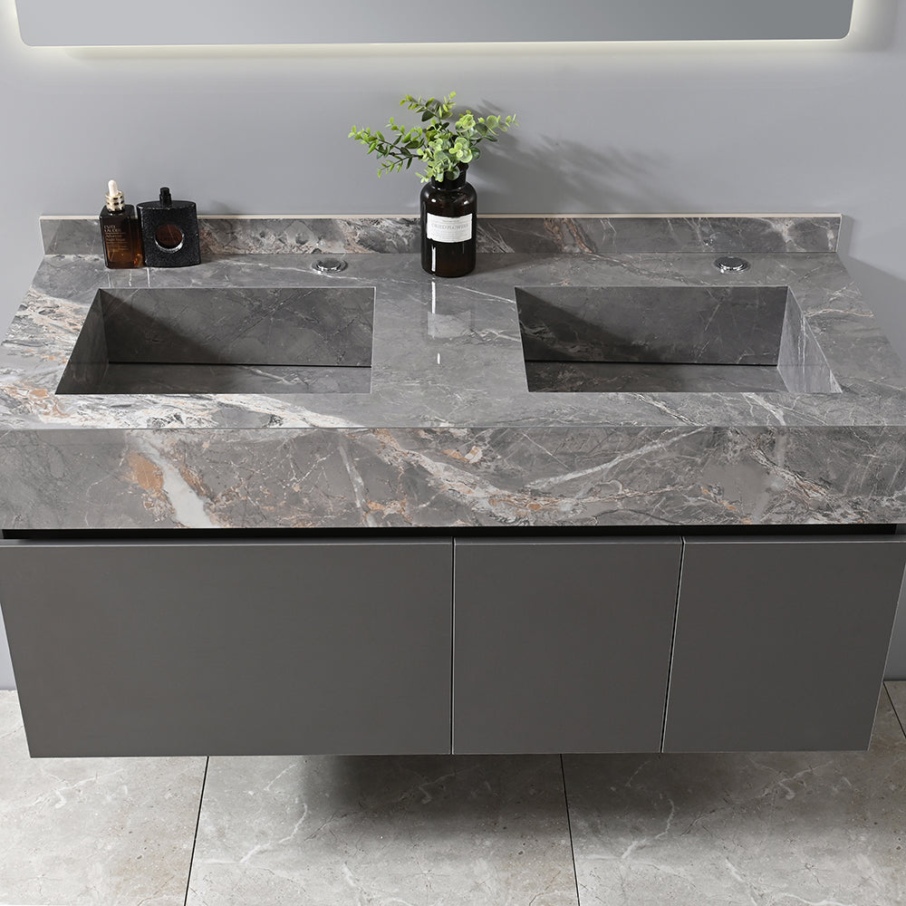 Meuble salle de bain suspendu double vasque 120 cm gris avec miroir LED - Bellegno