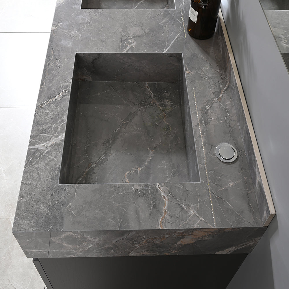 Vasque salle de bain en pierre frittée gris effet marbre - Bellegno
