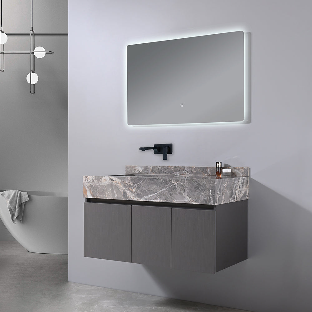 Meuble salle de bain suspendu 100 cm vasque gris effet marbre avec miroir LED - Bellegno