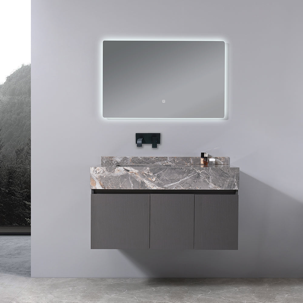 Meuble salle de bain simple vasque grise VICTORIA 100 cm + miroir