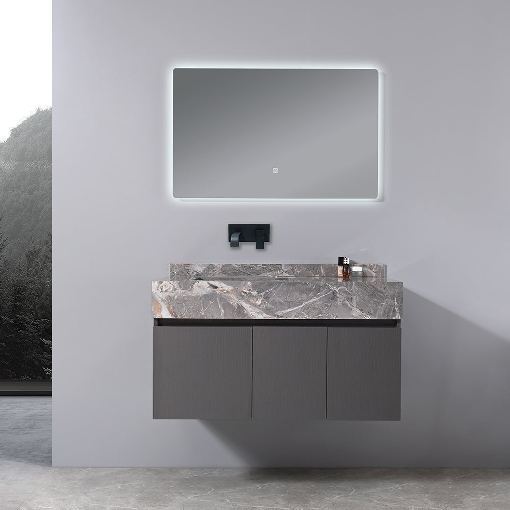 Meuble salle de bain suspendu 100 cm vasque gris effet marbre avec miroir LED - Bellegno