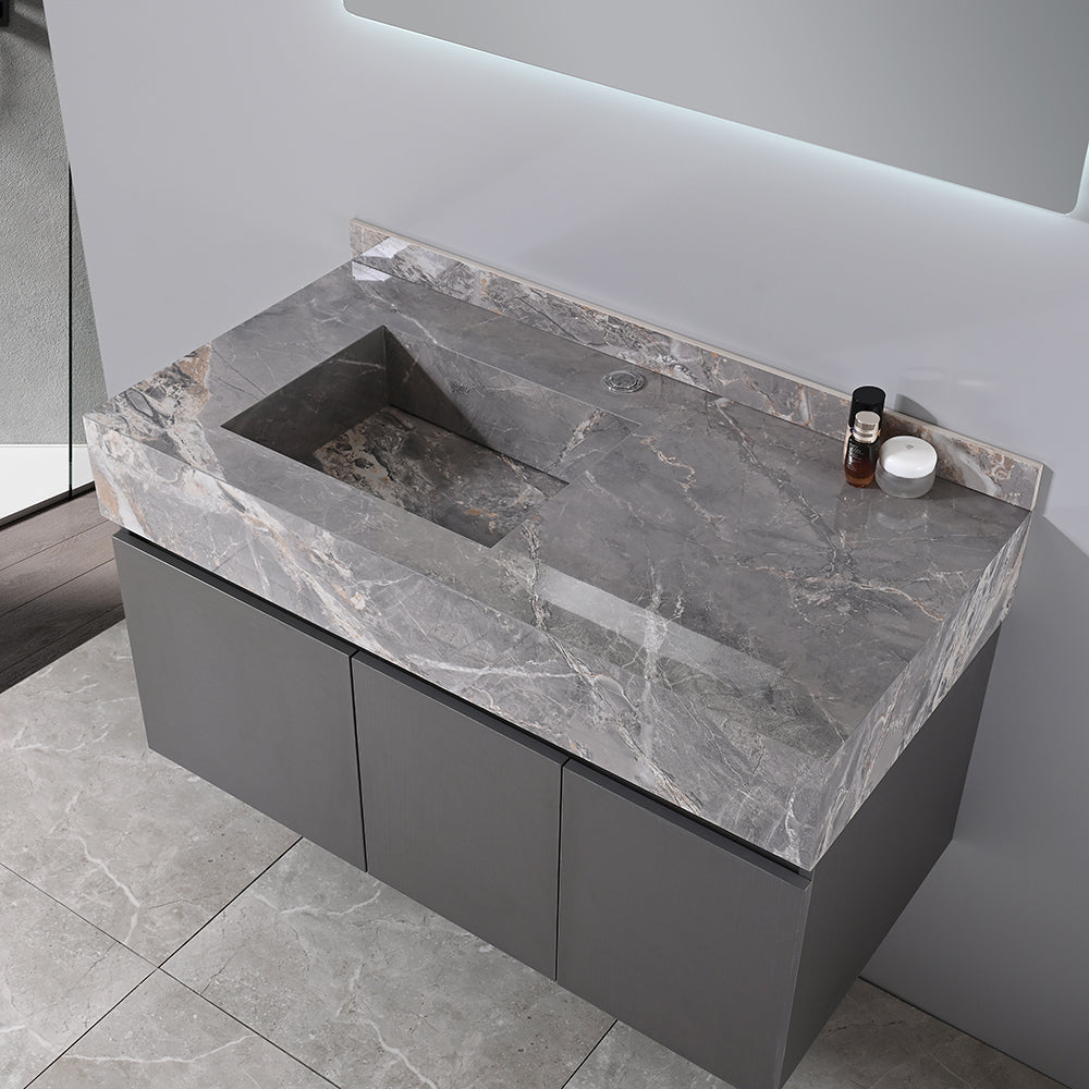 Meuble salle de bain suspendu 100 cm vasque gris effet marbre avec miroir LED - Bellegno