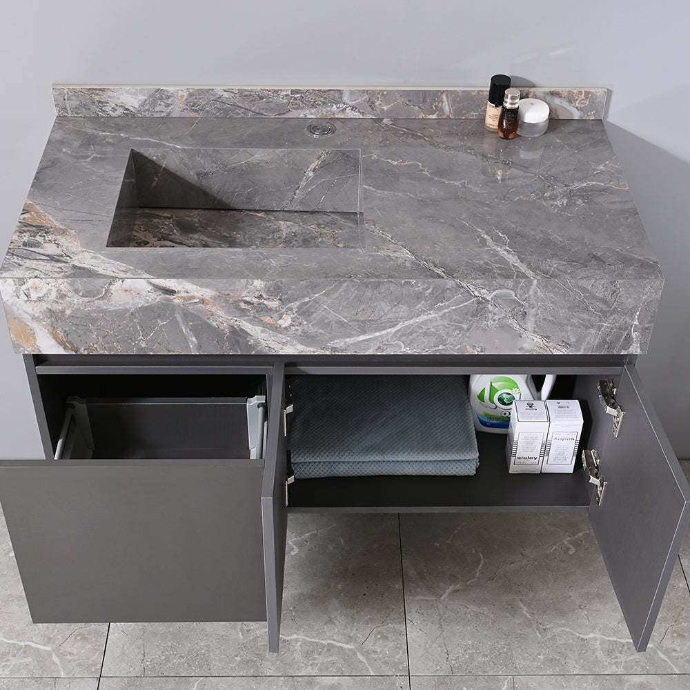 Meuble salle de bain suspendu 100 cm vasque gris avec nombreux rangements - Bellegno