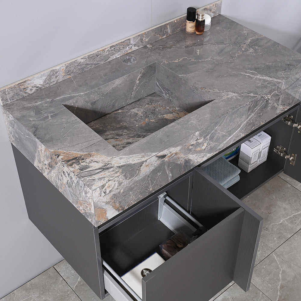 Meuble salle de bain suspendu simple vasque 100 cm gris avec tiroirs de rangement - Bellegno