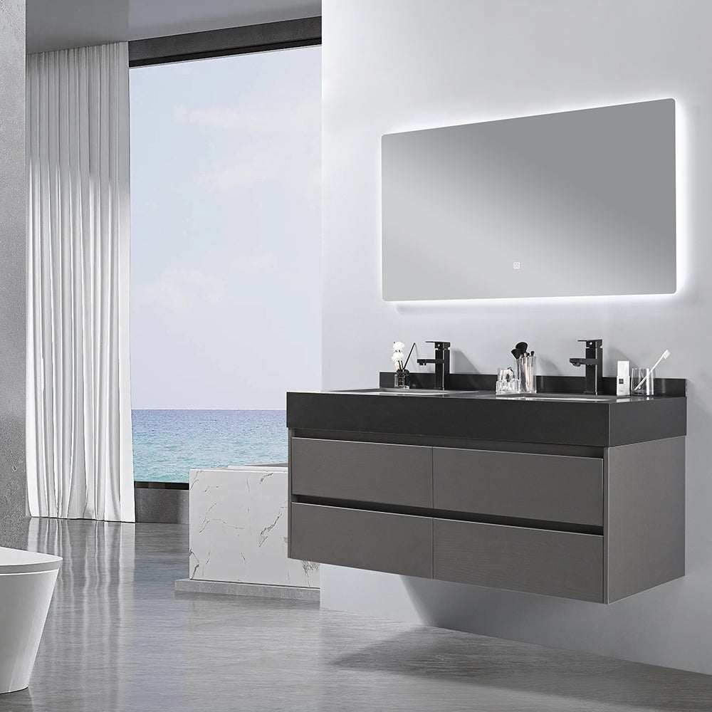 Meuble salle de bain suspendu AMELIA 120 cm + double vasque intégrée noire + miroir LED tactile