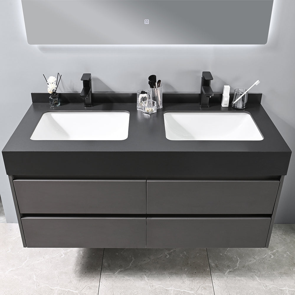 Meuble salle de bain suspendu AMELIA 120 cm + double vasque intégrée noire + miroir LED tactile