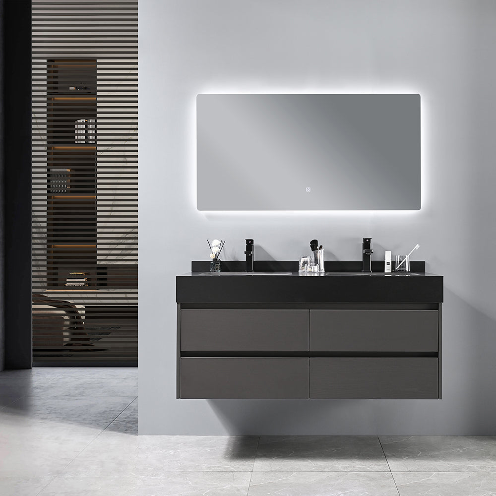 AMELIA 120 cm wall-hung bathroom cabinet + double black integrated basin + touch-sensitive LED mirror