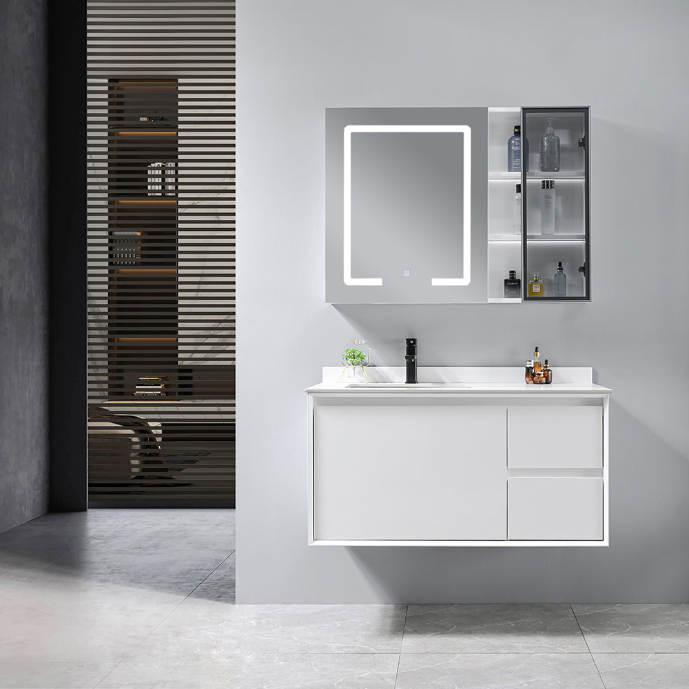 Meuble salle de bain suspendu ELISSA 100 cm + vasque intégrée (gris/blanc) + miroir LED tactile