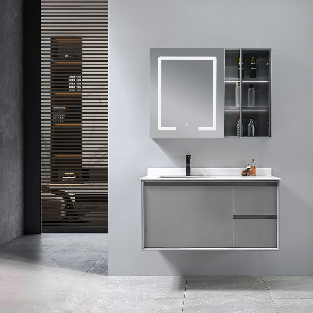 Meuble salle de bain suspendu ELISSA 100 cm + vasque intégrée (gris/blanc) + miroir LED tactile