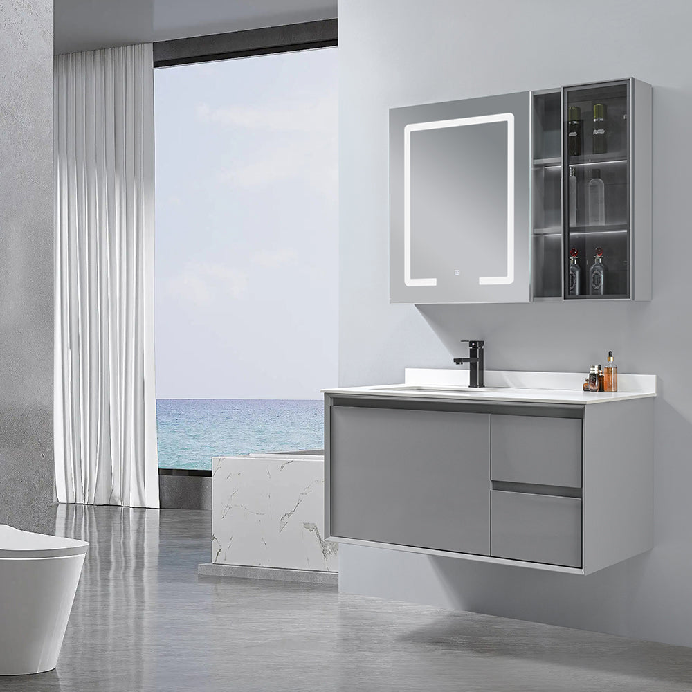 Suspended bathroom cabinet ELISSA 100 cm + integrated washbasin  (grey/white) + touch-sensitive LED mirror