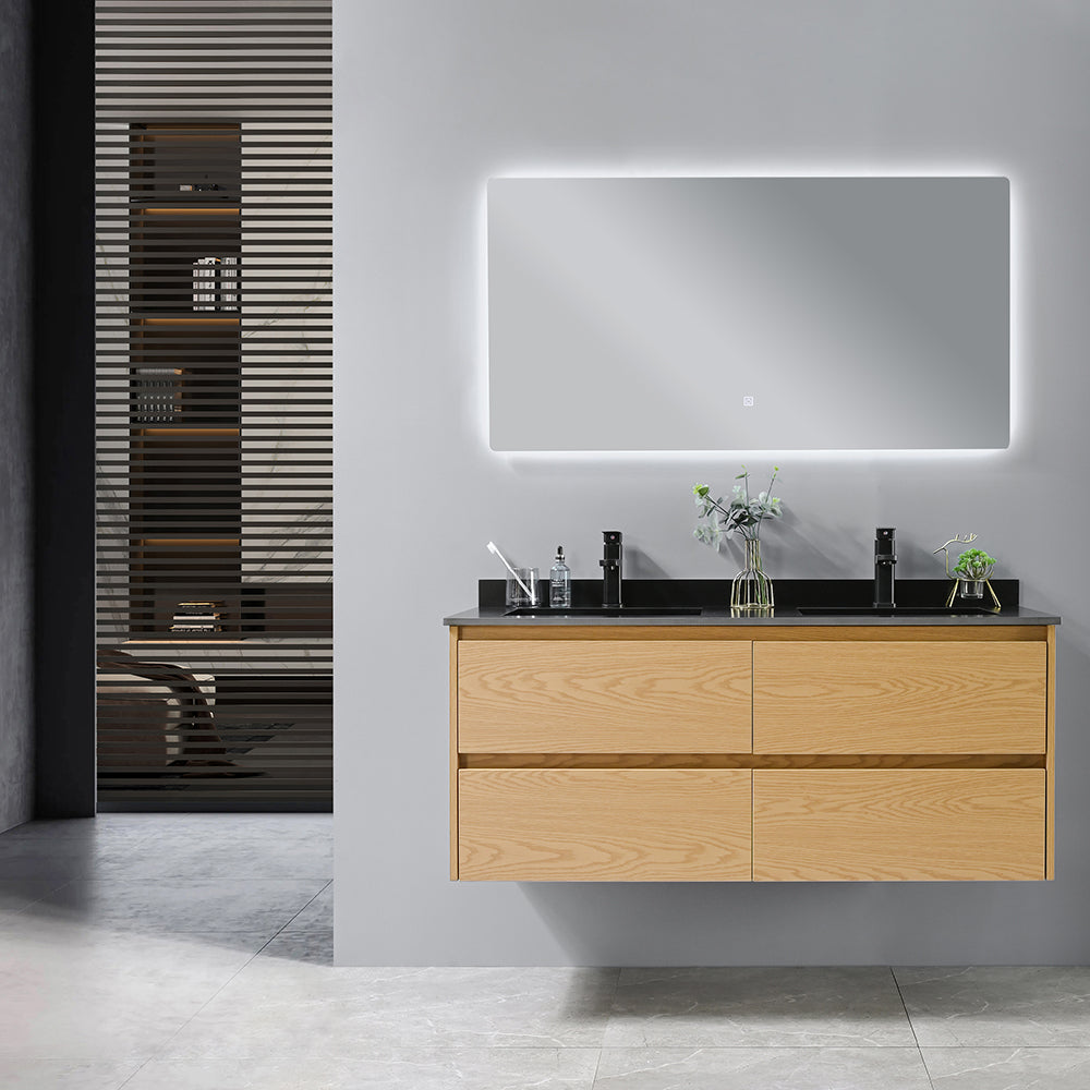 Meuble salle de bain suspendu EMMA 120 cm + double vasque intégrée (gris/noir) + miroir LED tactile
