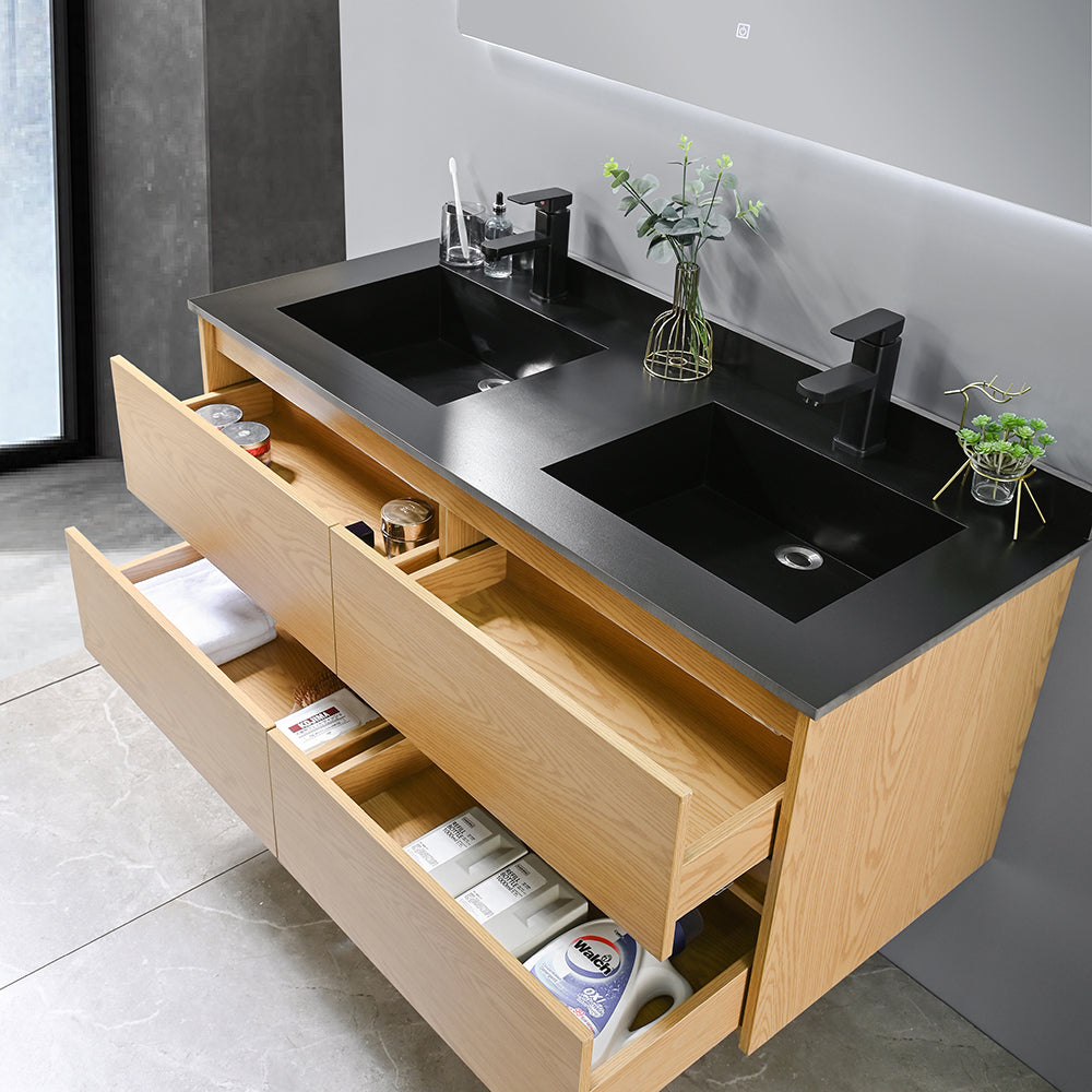 Meuble salle de bain suspendu EMMA 120 cm + double vasque intégrée (gris/noir) + miroir LED tactile