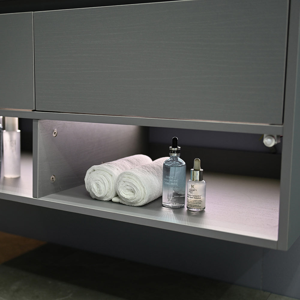 Meuble salle de bain suspendu FRIDA 100 cm + vasque intégrée (gris/blanc) + miroir LED tactile
