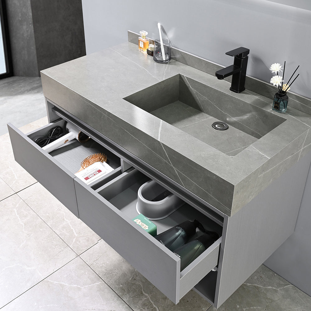 Meuble salle de bain suspendu FRIDA 100 cm + vasque intégrée (gris/blanc) + miroir LED tactile
