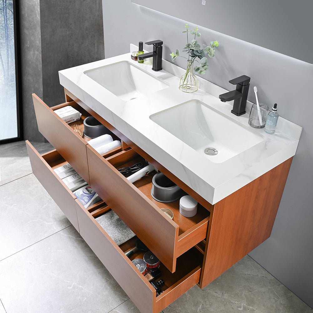 Meuble salle de bain suspendu MAKEDA 120 cm + double vasque intégrée blanc + miroir LED tactile