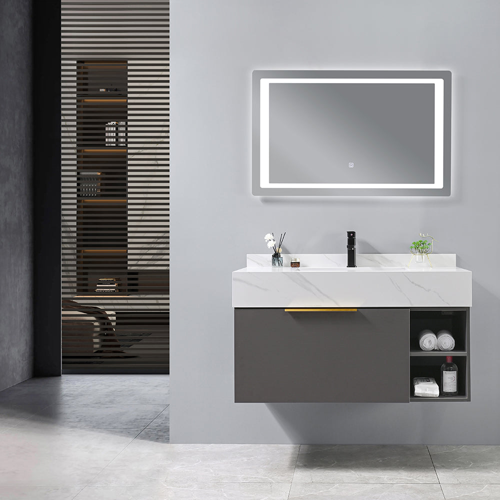 Meuble salle de bain suspendu MICHELLE 100 cm + vasque simple intégrée blanche + miroir LED tactile