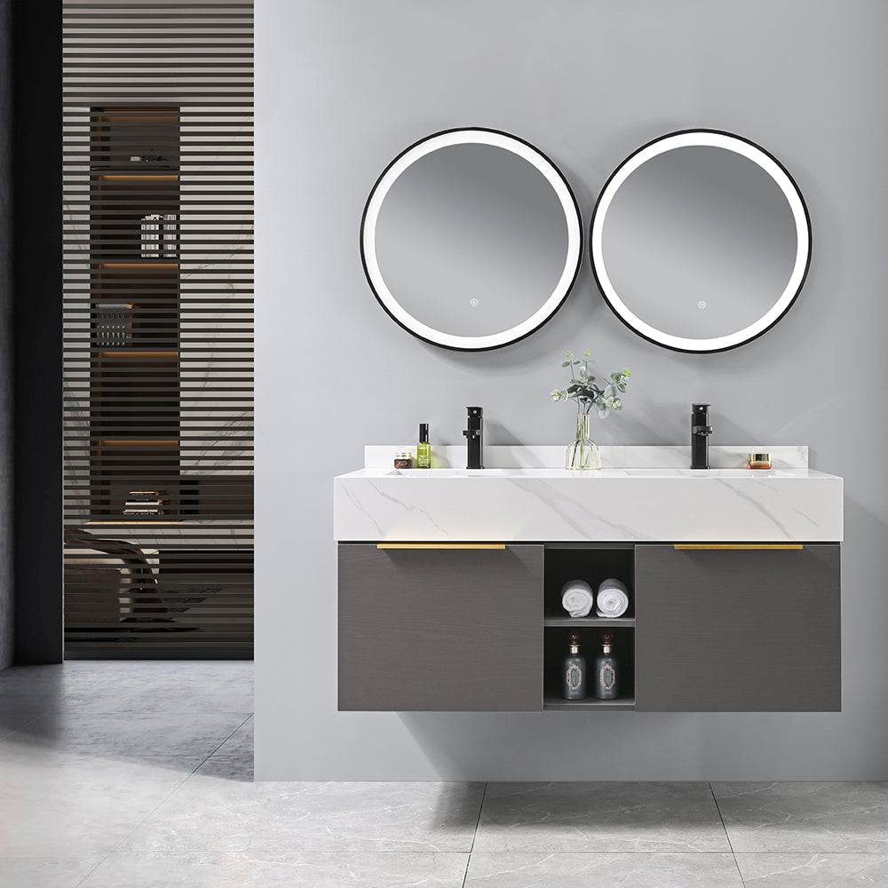 Meuble salle de bain suspendu MICHELLE 120 cm + vasque double intégrée blanche + 2 miroirs LED tactiles