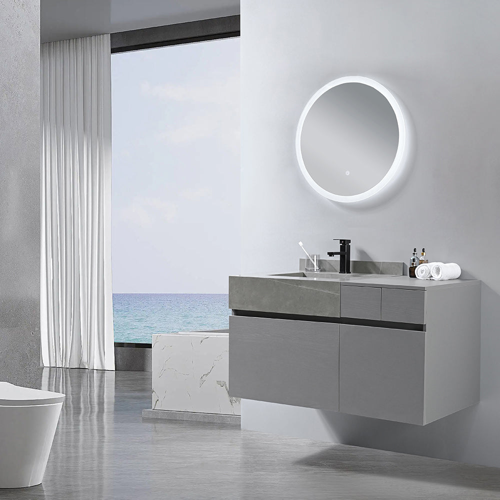 Meuble salle de bain suspendu OPRAH 100 cm  + vasque simple intégrée (gris/blanc)  + miroir LED tactile