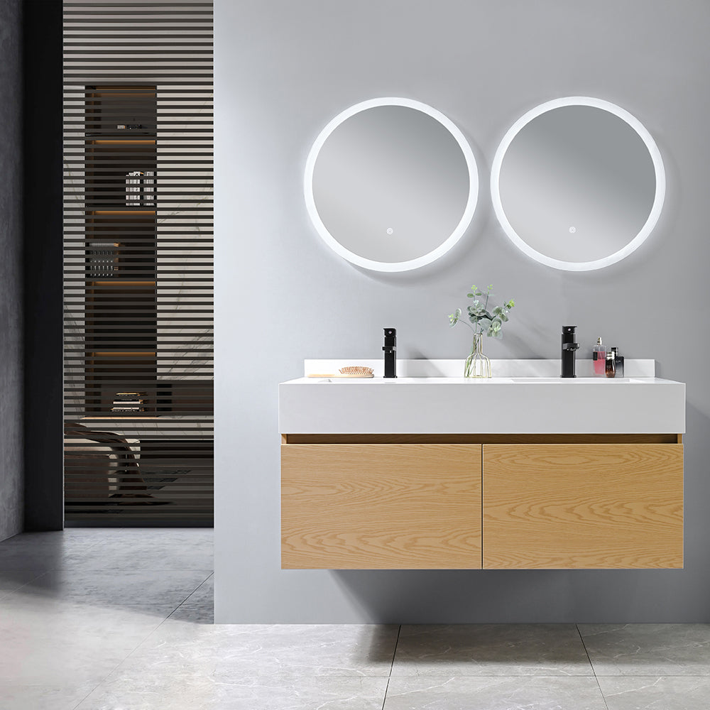 OPRAH suspended bathroom cabinet + integrated washbasin (single/double &amp; grey/white) + touch-sensitive LED mirror