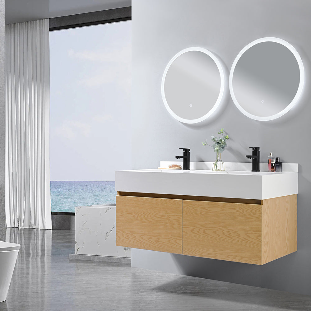 OPRAH suspended bathroom cabinet + integrated washbasin (single/double &amp; grey/white) + touch-sensitive LED mirror