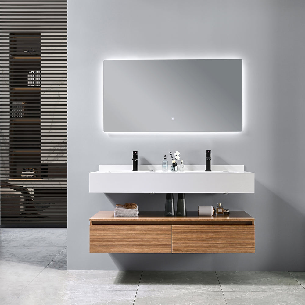 Meuble salle de bain suspendu ROSA 120 cm + double vasque intégrée (noir/blanc) + miroir LED tactile