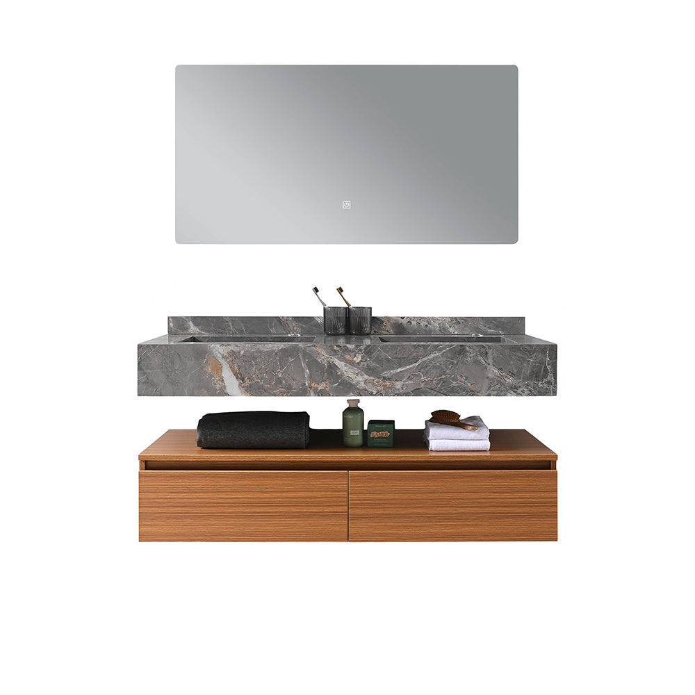 Meuble salle de bain suspendu double vasque 120 cm gris avec miroir rectangulaire - Bellegno