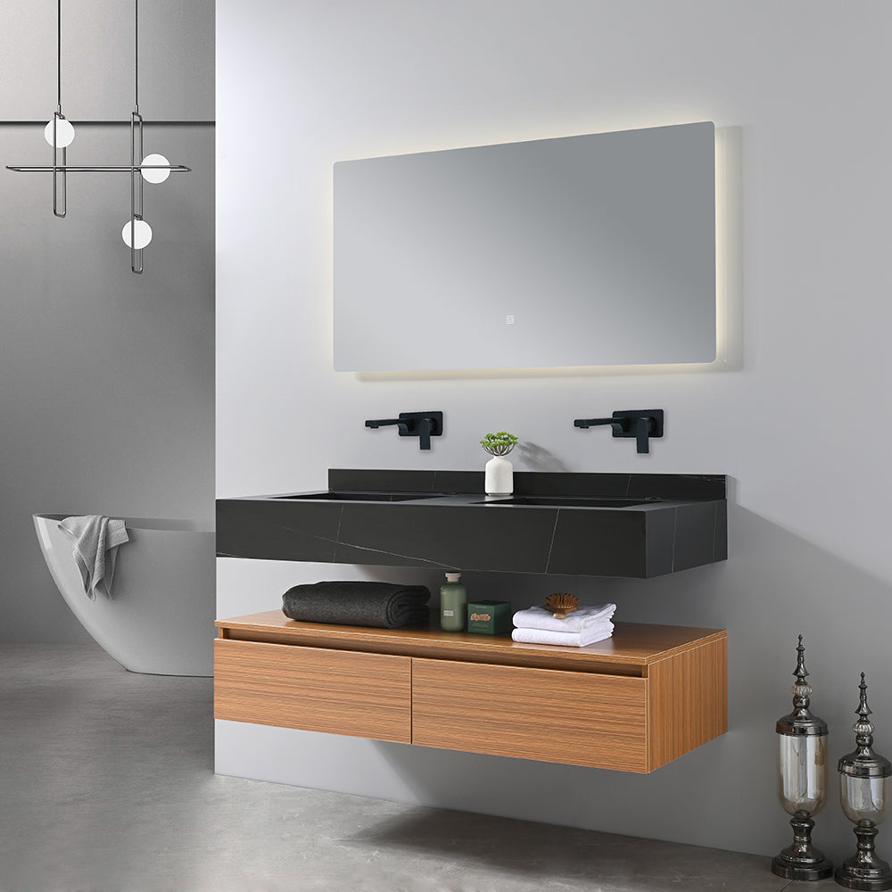 Meuble salle de bain suspendu ROSA 120 cm + double vasque intégrée (noir/blanc) + miroir LED tactile