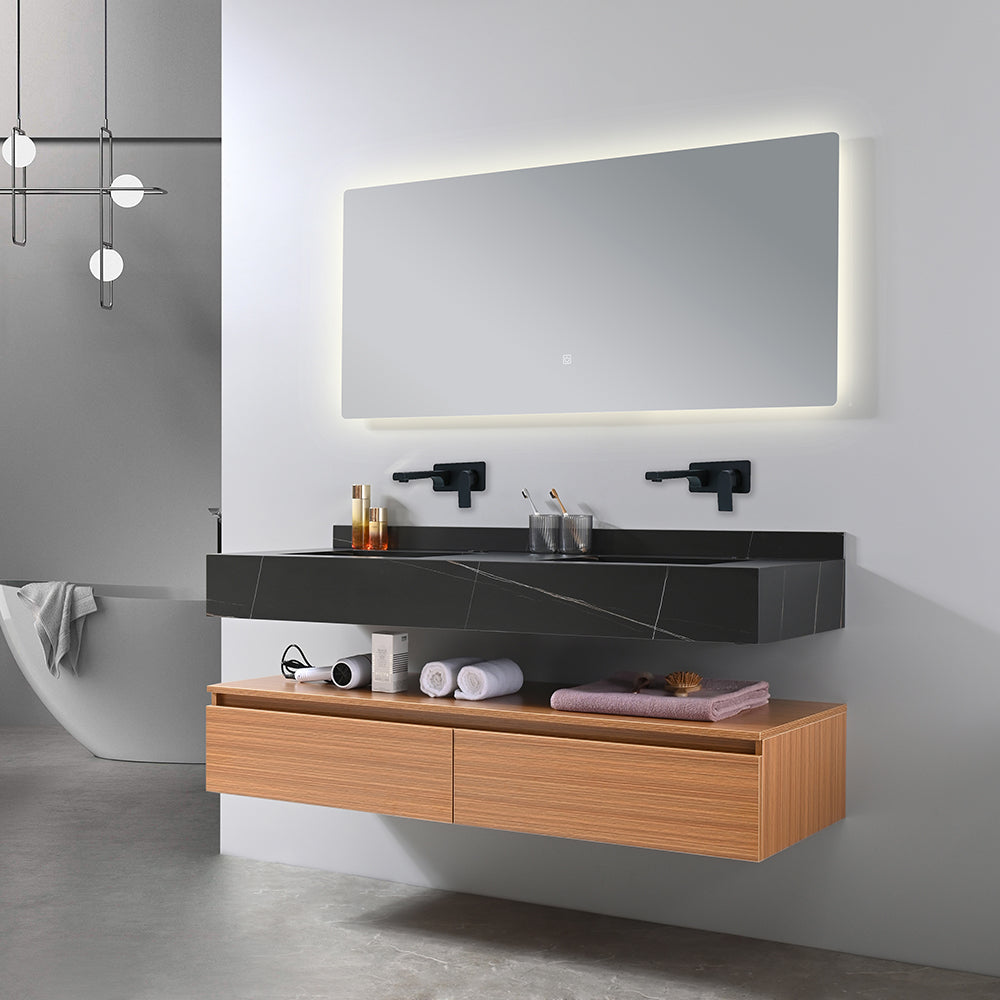 Meuble salle de bain double vasque noire ROSA 140 cm + miroir