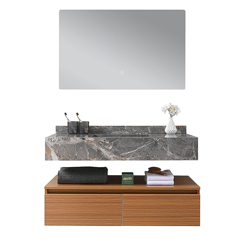 Meuble salle de bain vasque 100 cm gris effet marbre avec miroir LED - Bellegno