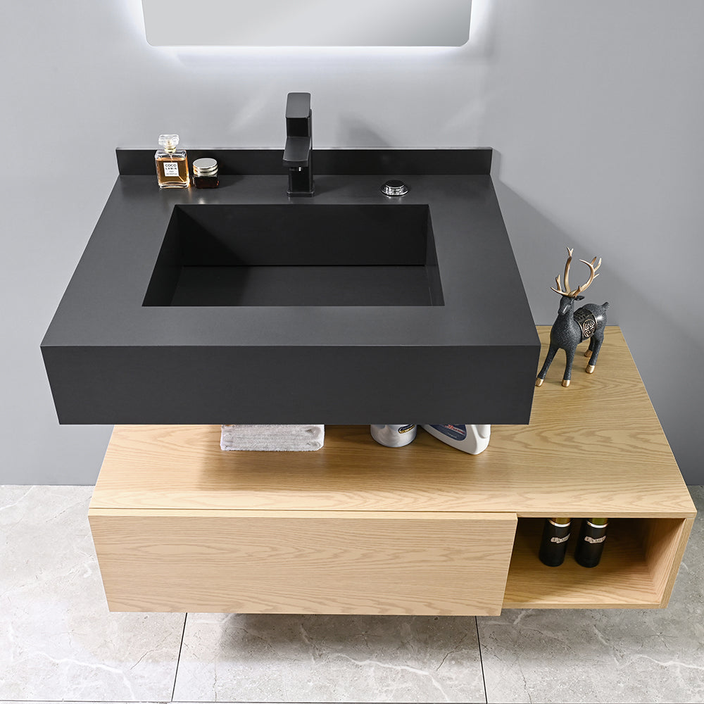 ROSALIND suspended bathroom cabinet (70/100/120) + black integrated washbasin + touch-sensitive LED mirror