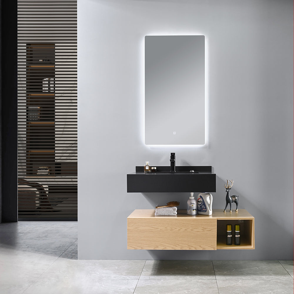 Meuble salle de bain suspendu ROSALIND 100 cm + vasque intégrée noir + miroir LED tactile